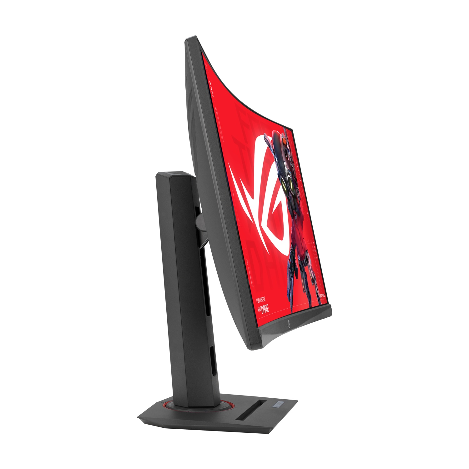 Un monitor curvo nero con schermo rosso che mostra un'immagine di un robot. Il monitor è su un supporto nero, su sfondo bianco.