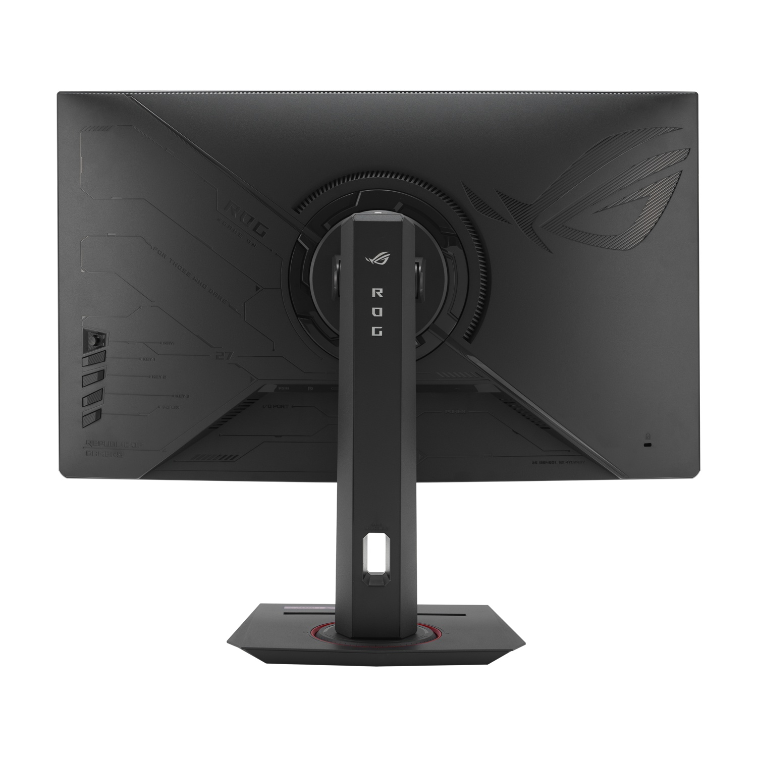 Il retro di un monitor da gaming ROG nero. Ha un supporto e un design circolare sul retro. Testi e loghi sono visibili.