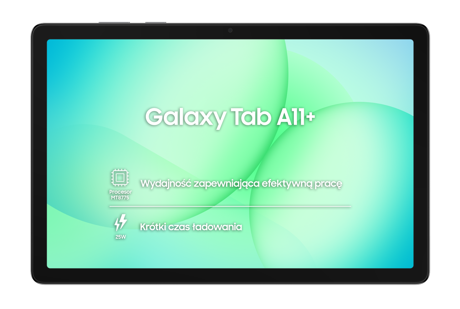 Tablet z ekranem 'Galaxy Tab A11+'. Cechy: procesor, krótki czas ładowania i wydajna praca.