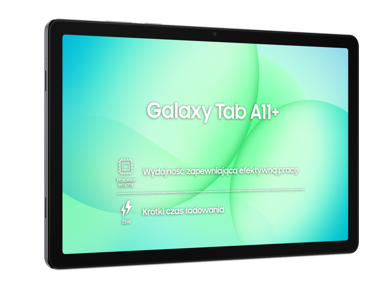 Tablet wyświetla 'Galaxy Tab A11+'. Pokazuje szczegóły procesora, wydajność i szybkie ładowanie. Tło z niebieskimi i zielonymi kołami.