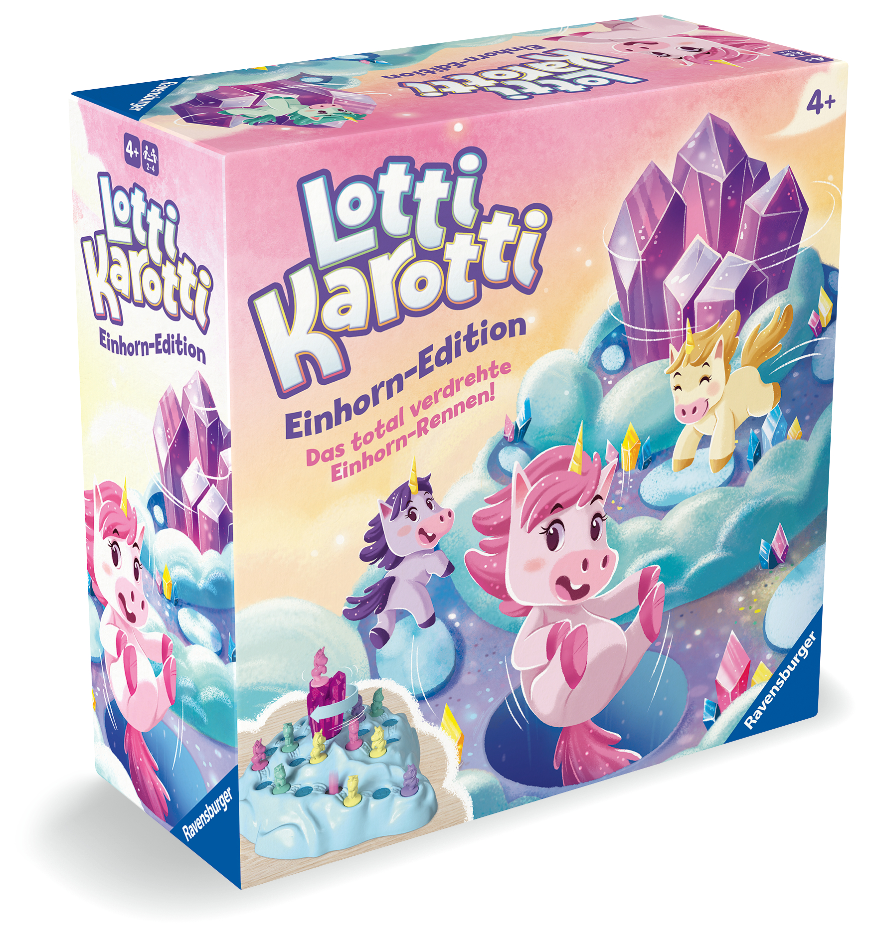 Schachtelkunst für ein Brettspiel mit Einhörnern, Kristallen und dem Spieletitel 'Lotti Karotti'.