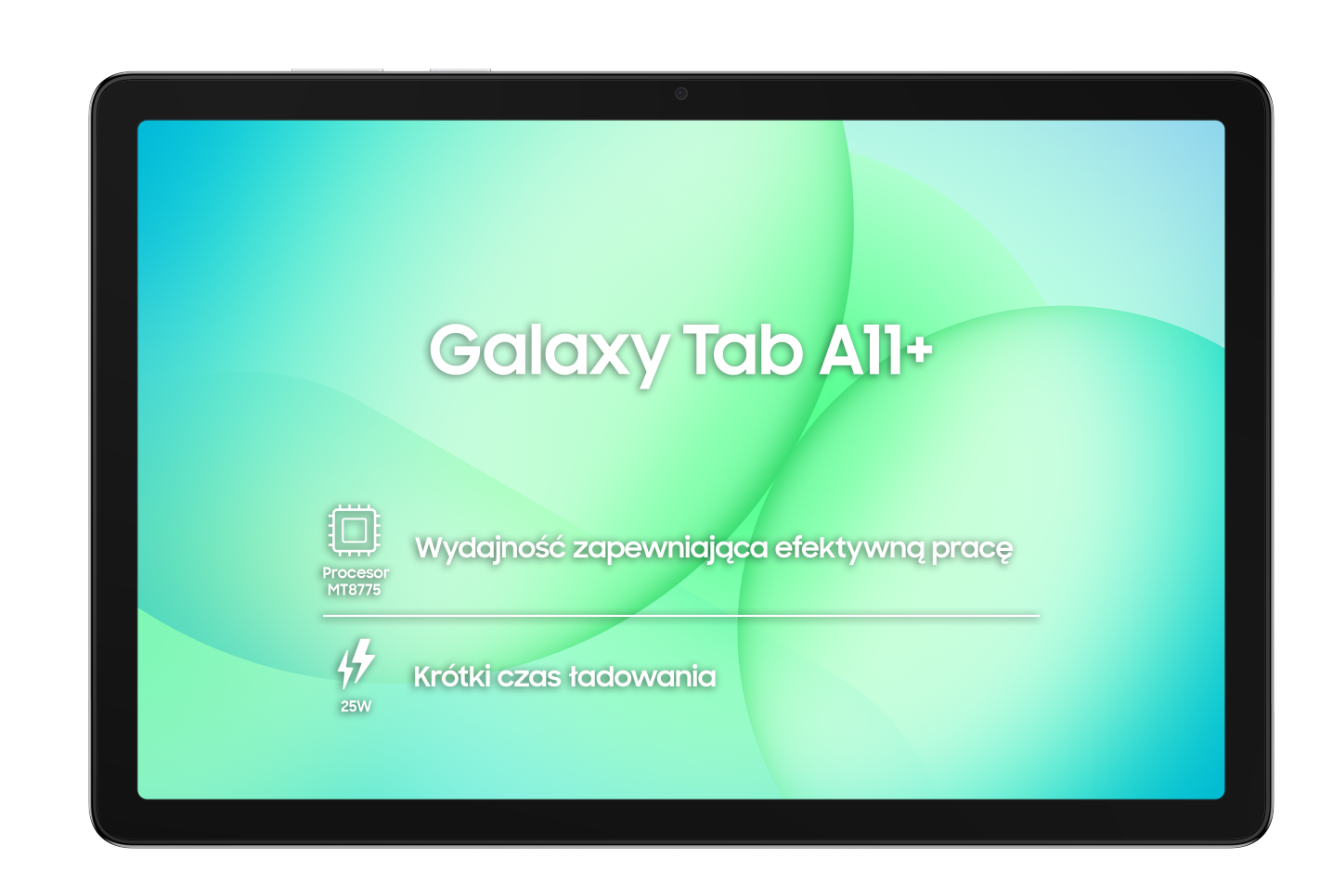 Tablet wyświetlający 'Galaxy Tab A11+'. Cechy obejmują procesor, szybkie ładowanie i wydajność, wszystko na tle w kolorze niebiesko-zielonym.