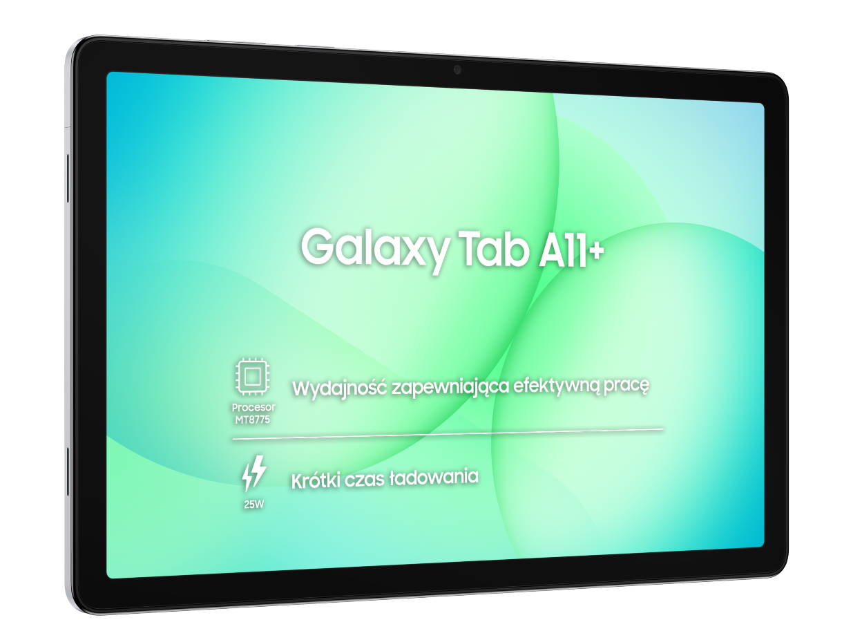 Tablet z napisem "Galaxy Tab A11+". Zawiera "Wydajność zapewniająca efektywną pracę" i "Krótki czas ładowania".