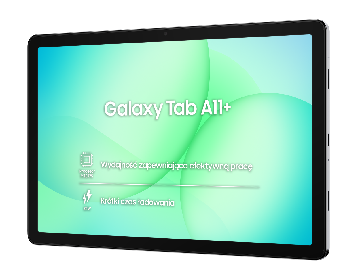 Tablet z napisem 'Galaxy Tab A11+' na ekranie. Wyświetla również informacje o procesorze i czasie ładowania.
