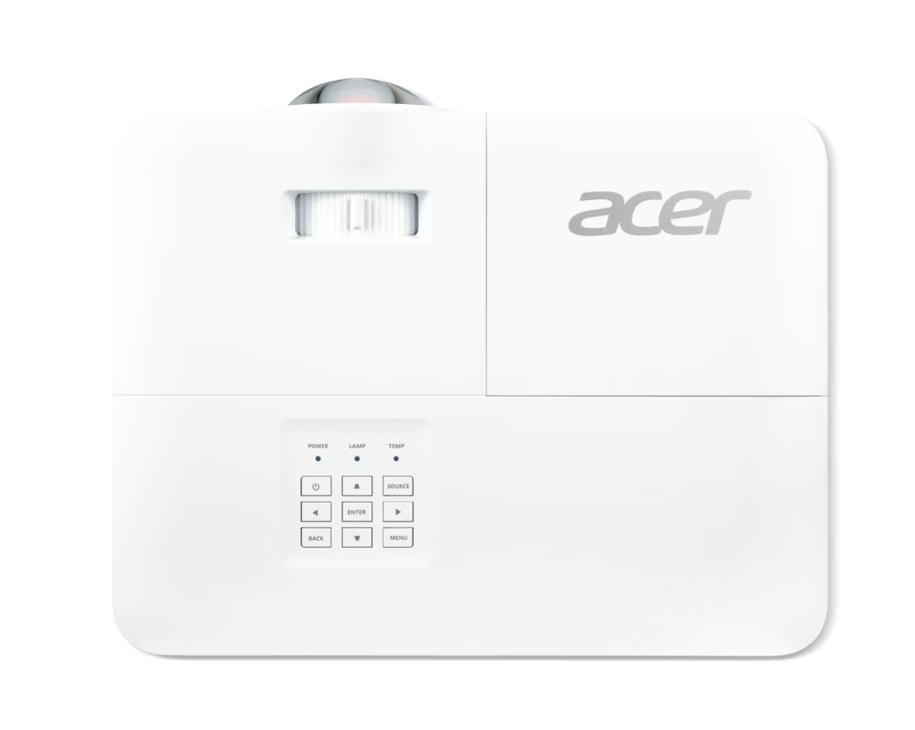 Egy fehér Acer projektor. Van rajta bekapcsoló és menü gomb. Az Acer logója látható. A lencse felül van. Fehér háttérrel.