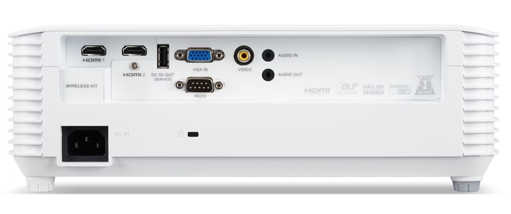 Fehér projektor hátulja portokkal: HDMI, VGA, audio, tápellátás és vezeték nélküli készlet. Tápbemenettel rendelkezik.