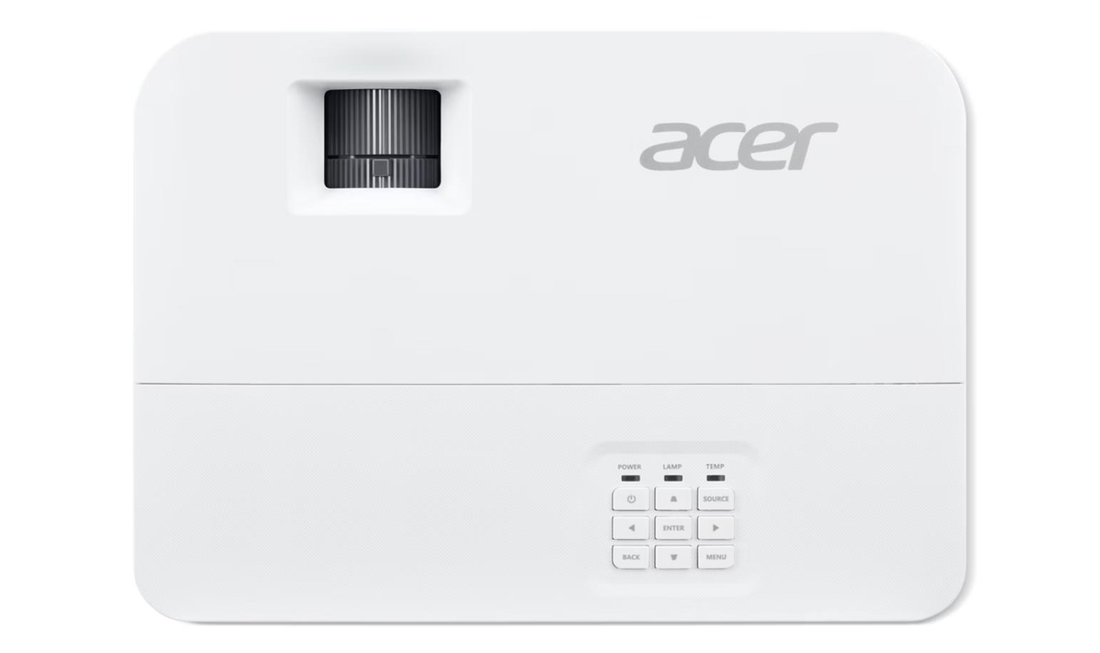 Fehér Acer projektor. Felül lencse és logó, alul vezérlőgombok. Szürke elemek a fehér testen.