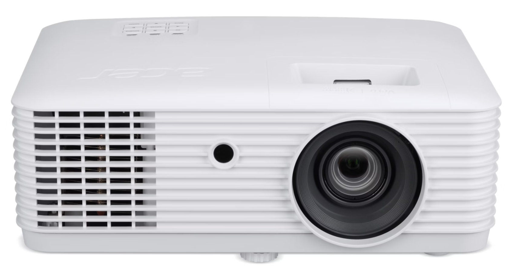 Egy fehér Acer projektor. Van rajta lencse, szellőzőnyílás és vezérlőgombok. Az Acer logója látható a tetején.