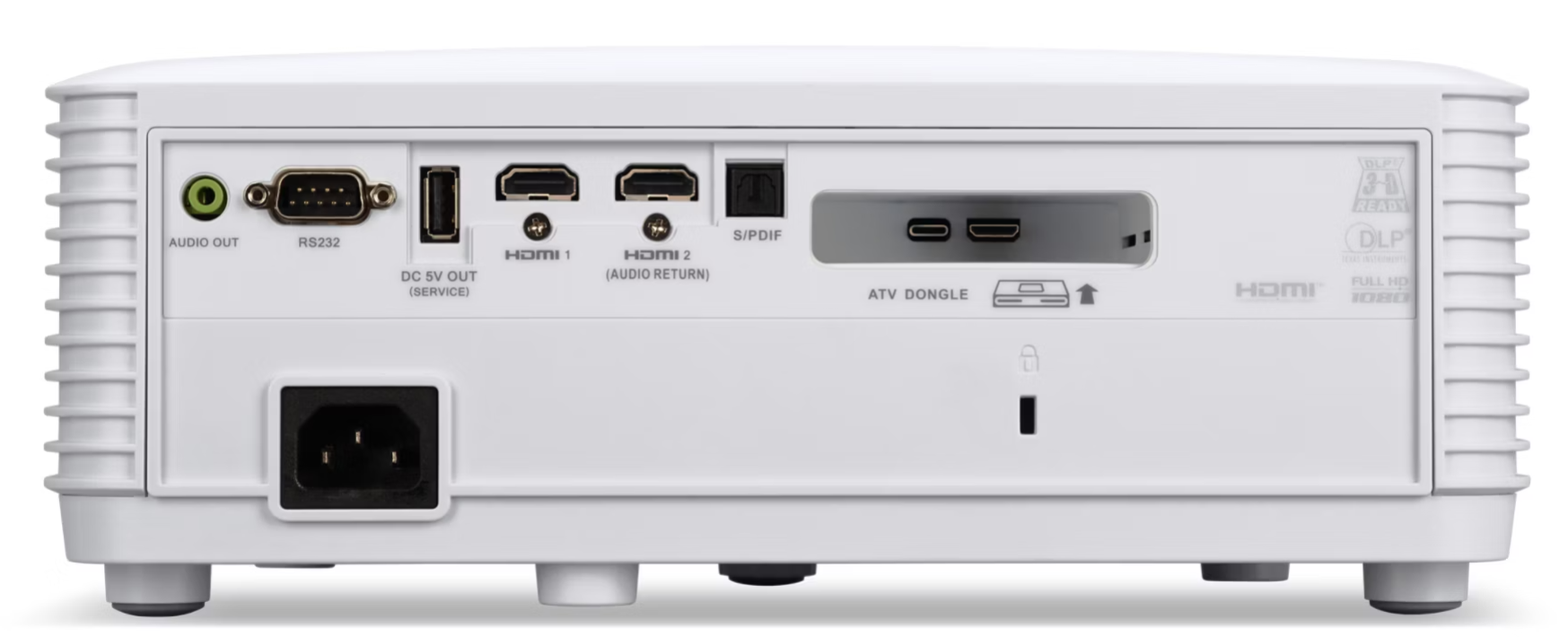 Egy fehér projektor hátulja, különböző portokkal: audio, HDMI, S/PDIF, tápellátás és egy ATV dongle nyílás.