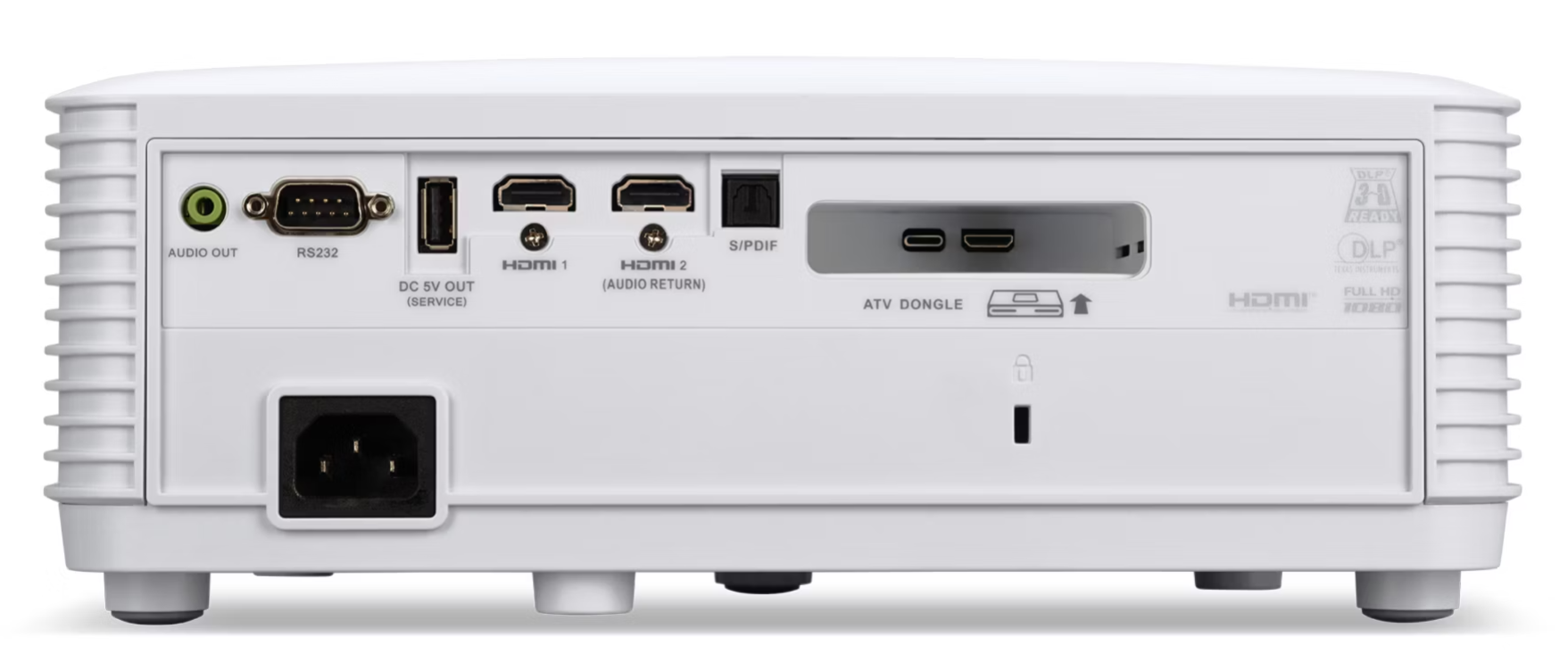 Fehér projektor hátulja csatlakozókkal: audio, RS232, HDMI, tápellátás és ATV dongle nyílás. Feliratok: HDMI, DLP és Full HD.