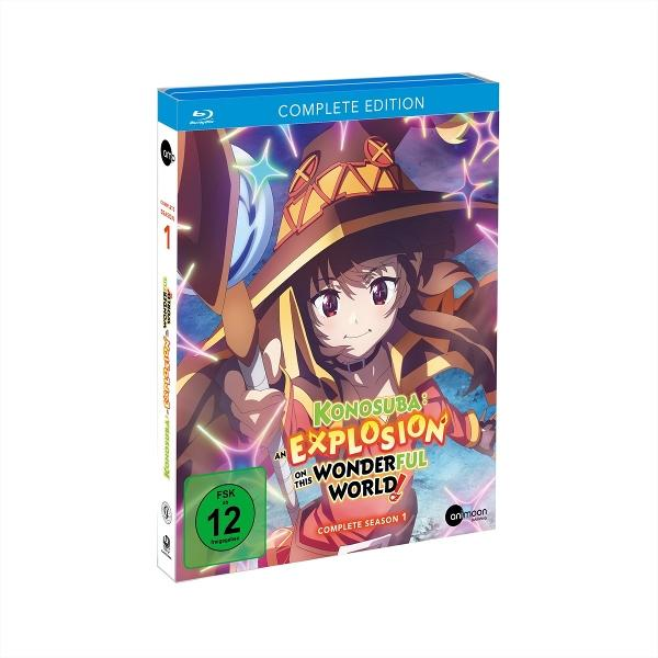 Blu-ray-Box von 'Konosuba: Explosion on this wonderful world'. Anime-Charakter mit Hut auf dem Cover. Text enthält 'Complete Season 1'.