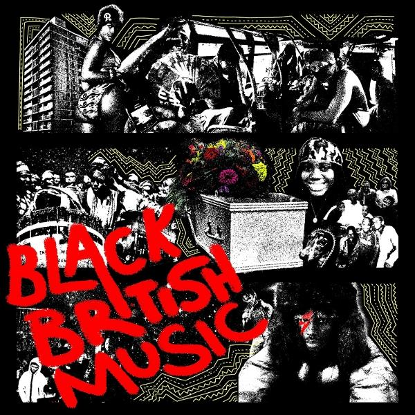 Das Bild zeigt Menschen, einen Sarg mit Blumen und den Text 'Black British Music'. Schwarzweiß mit rotem Text.