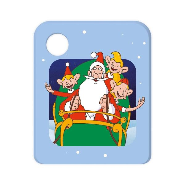 Weihnachtsmann in einem Schlitten mit Elfen. Der Schlitten ist grün und gold, der Weihnachtsmann trägt rot und weiß. Elfen haben gelbe und rote Hüte.