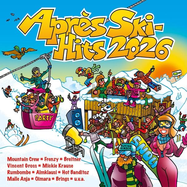 Buntes Cartoon-Bild für ein Ski-Hits-Album. Leute feiern in der Nähe einer Hütte und auf einem Skilift. Der Titel lautet 'Apres Ski Hits 2026'.