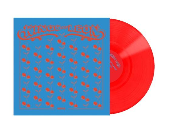 Rote Schallplatte mit blauem Cover. Das Cover hat ein Kirschmuster und den Bandnamen Kings of Leon.