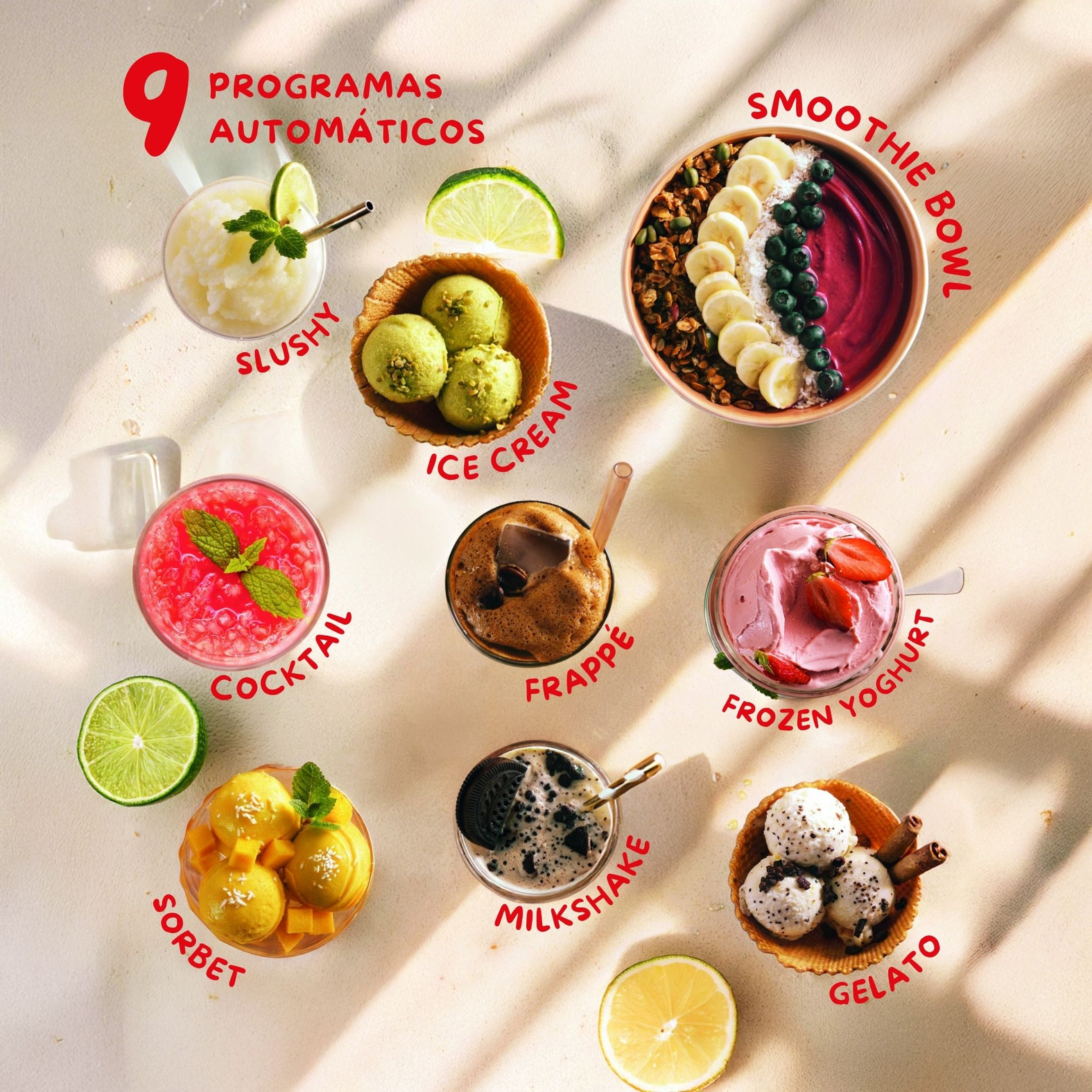 La imagen presenta nueve bebidas y postres diferentes, incluyendo un tazón de batido, granizado, helado, cóctel, frappé y más.