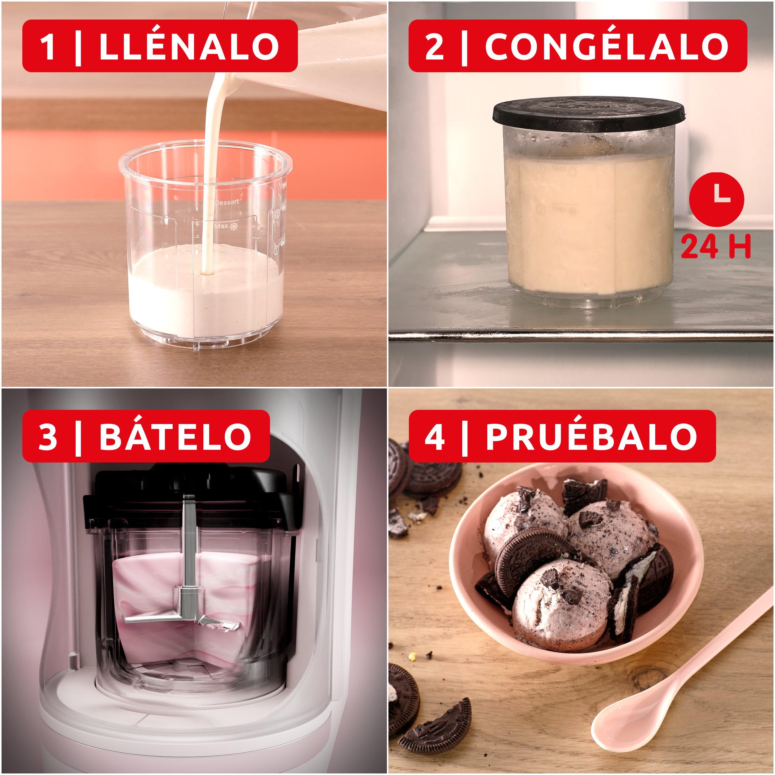 Pasos 1-4. Llenar una taza, congelar, mezclar en una máquina y servir helado con galletas Oreo.