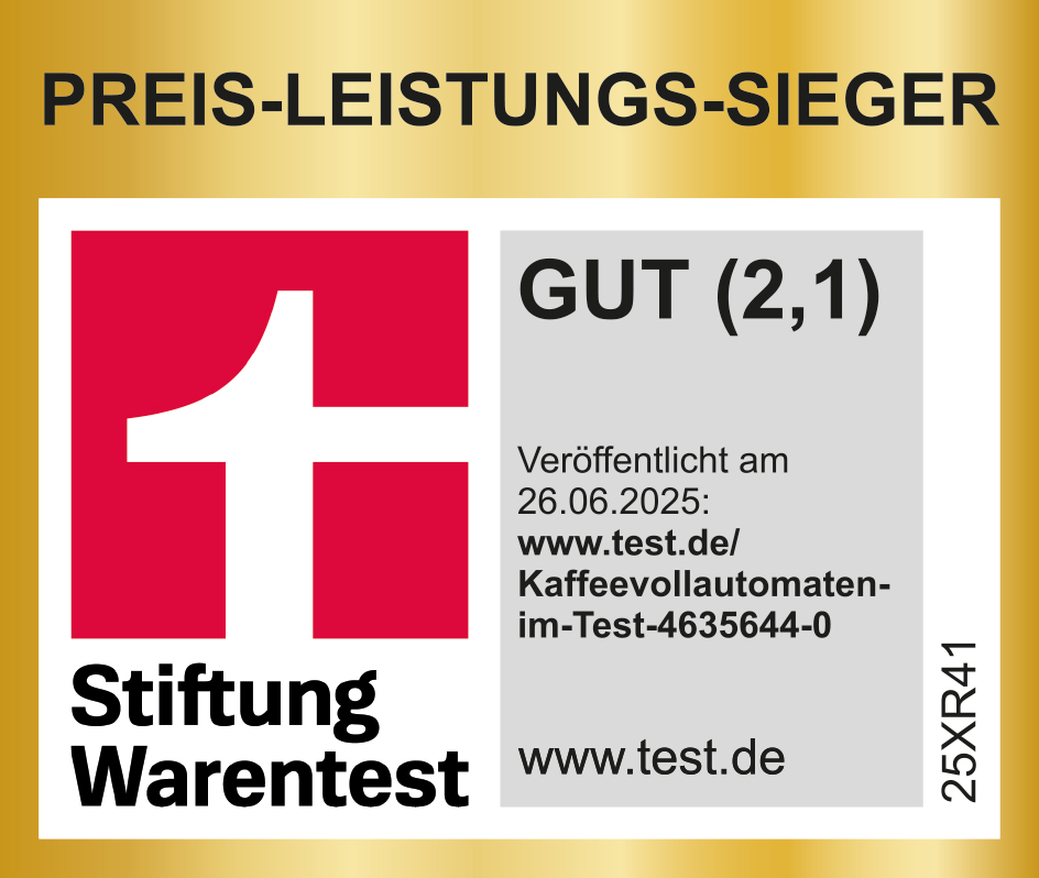 Auszeichnung mit Text 'PREIS-LEISTUNGS-SIEGER' und 'GUT (2,1)'. Enthält ein rot-weißes Logo und Text 'Stiftung Warentest'.