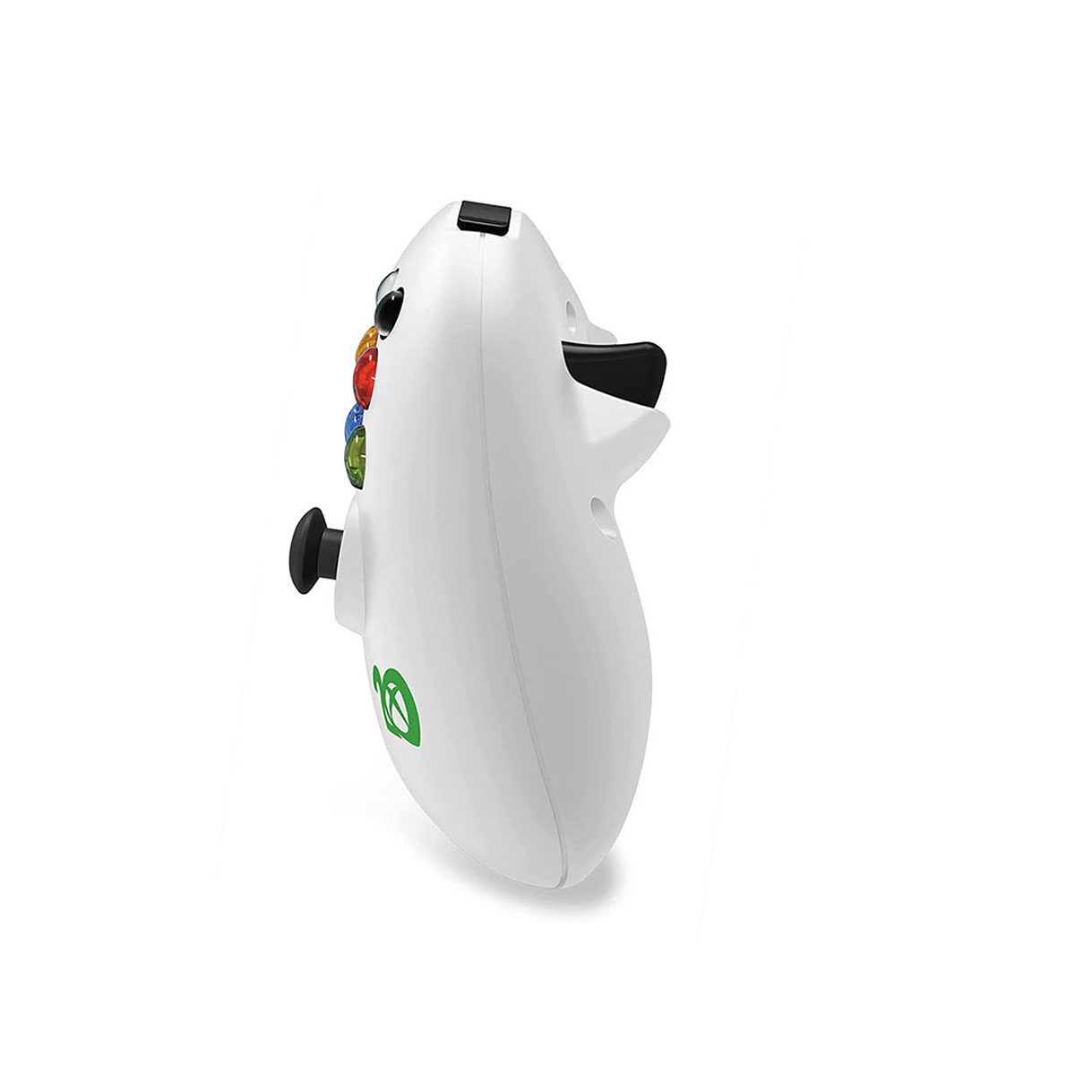 Ein weißer Xbox-Controller vor weißem Hintergrund. Er hat farbige Knöpfe, einen schwarzen Joystick und ein grünes Logo.