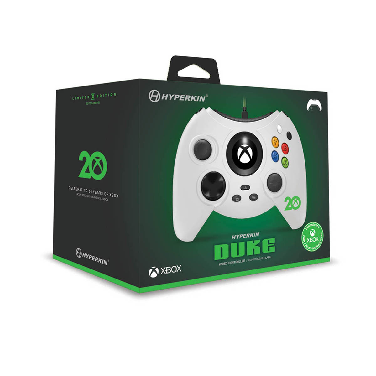 Eine weiße Hyperkin Duke Xbox Controller-Box. Sie feiert 20 Jahre Xbox. Die Box ist schwarz und grün, der Controller ist sichtbar.
