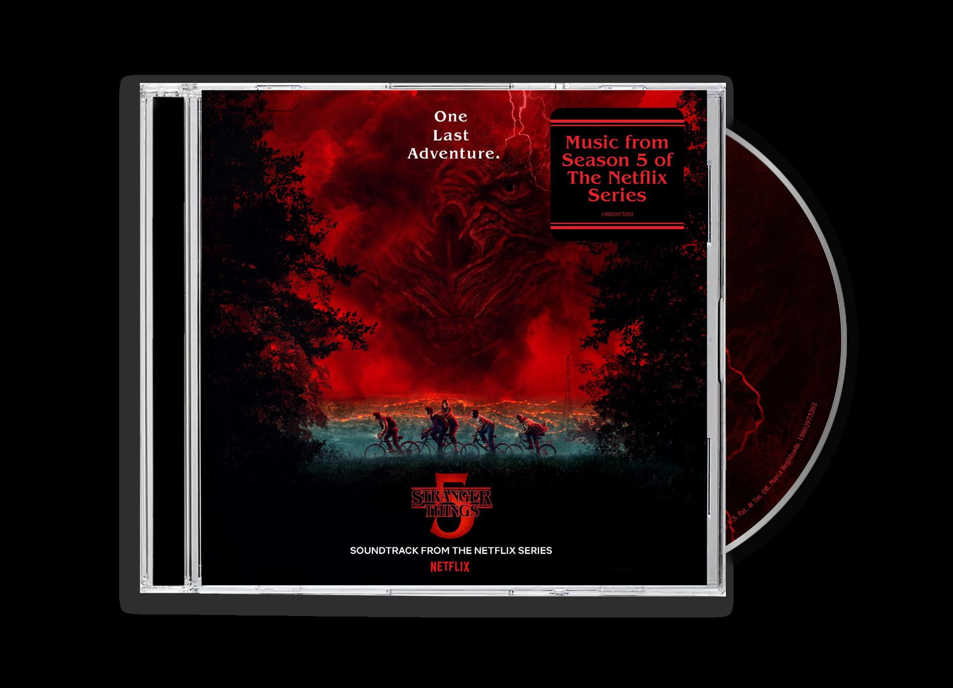 CD-Cover für den Stranger Things-Soundtrack. Zeigt die Charaktere auf Fahrrädern, mit rotem Himmel und einer Kreatur im Hintergrund.