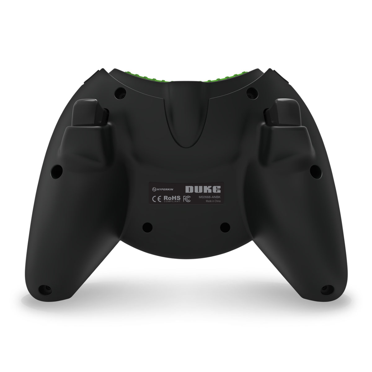 Schwarzer Controller mit grünen Akzenten, auf der Rückseite mit 'DUKE' beschriftet. Er hat zwei Griffe und mehrere Knöpfe und besteht aus Kunststoff.
