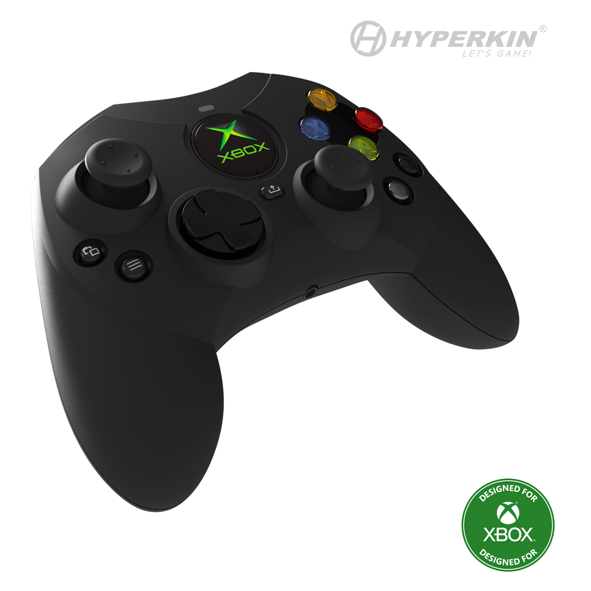 Schwarzer Xbox-Controller mit farbigen Knöpfen. Grünes Xbox-Logo in der Mitte. Hyperkin-Logo oben und Xbox-Logo unten.