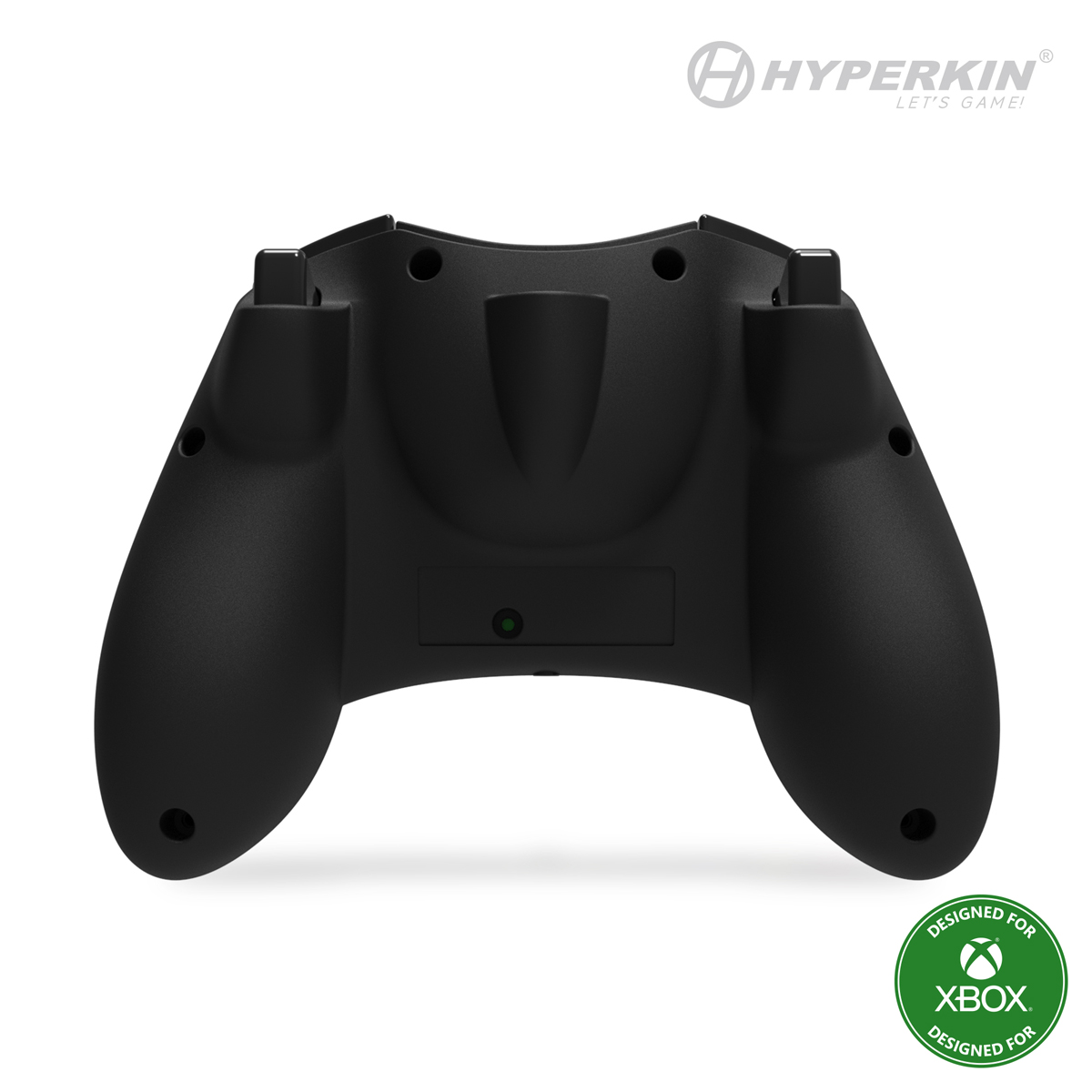 Schwarzer Xbox-Controller-Griff. Hyperkin-Logo oben, grüner Xbox-Logo-Aufkleber unten rechts. Entwickelt für Xbox.