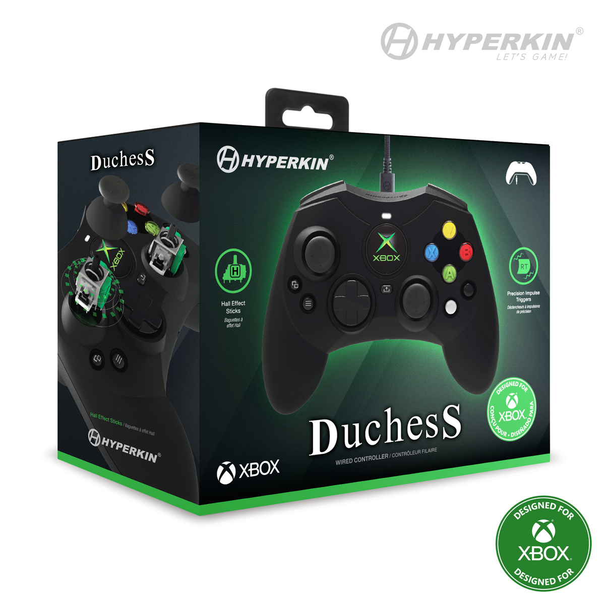 Schwarze Duchess S Xbox Controller Box. Die Vorderseite zeigt den Controller und die Funktionen. Die Box hat grüne und schwarze Farben.