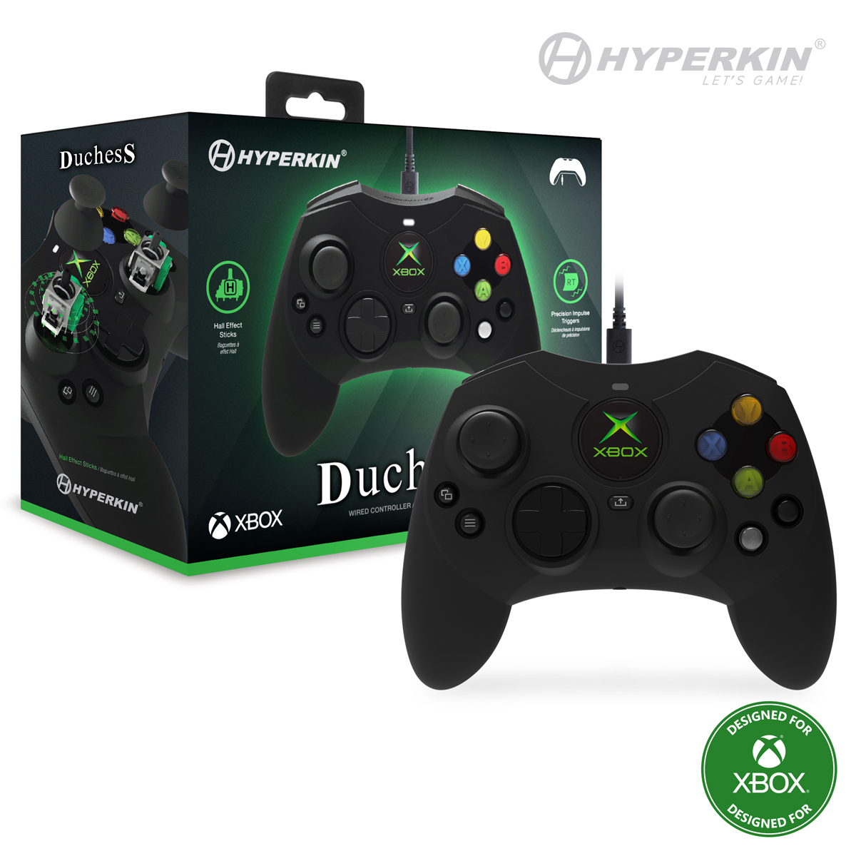 Schwarzer Duchess S Xbox-Controller mit einer Schachtel. Der Controller ist rechts, die Schachtel links. Die Schachtel hat ein grünes Xbox-Logo.