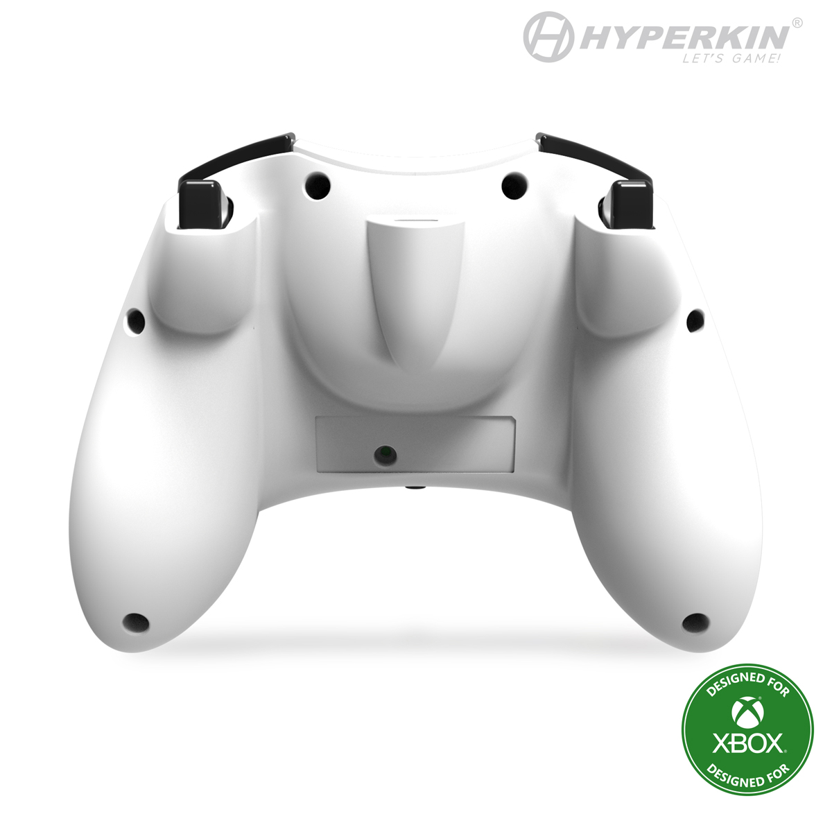 Rückseite des weißen Xbox-Controllers mit schwarzen Triggern. Hyperkin-Logo oben. Designed for Xbox-Logo unten.