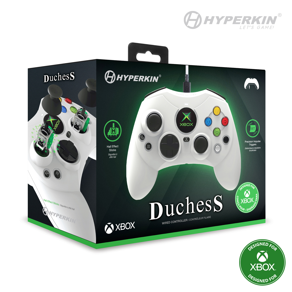 Ein weißer Xbox-Controller in einer Box. Auf der Box steht 'Duchess S' und 'Hyperkin'. Der Controller hat farbige Knöpfe und ein schwarzes Kabel.