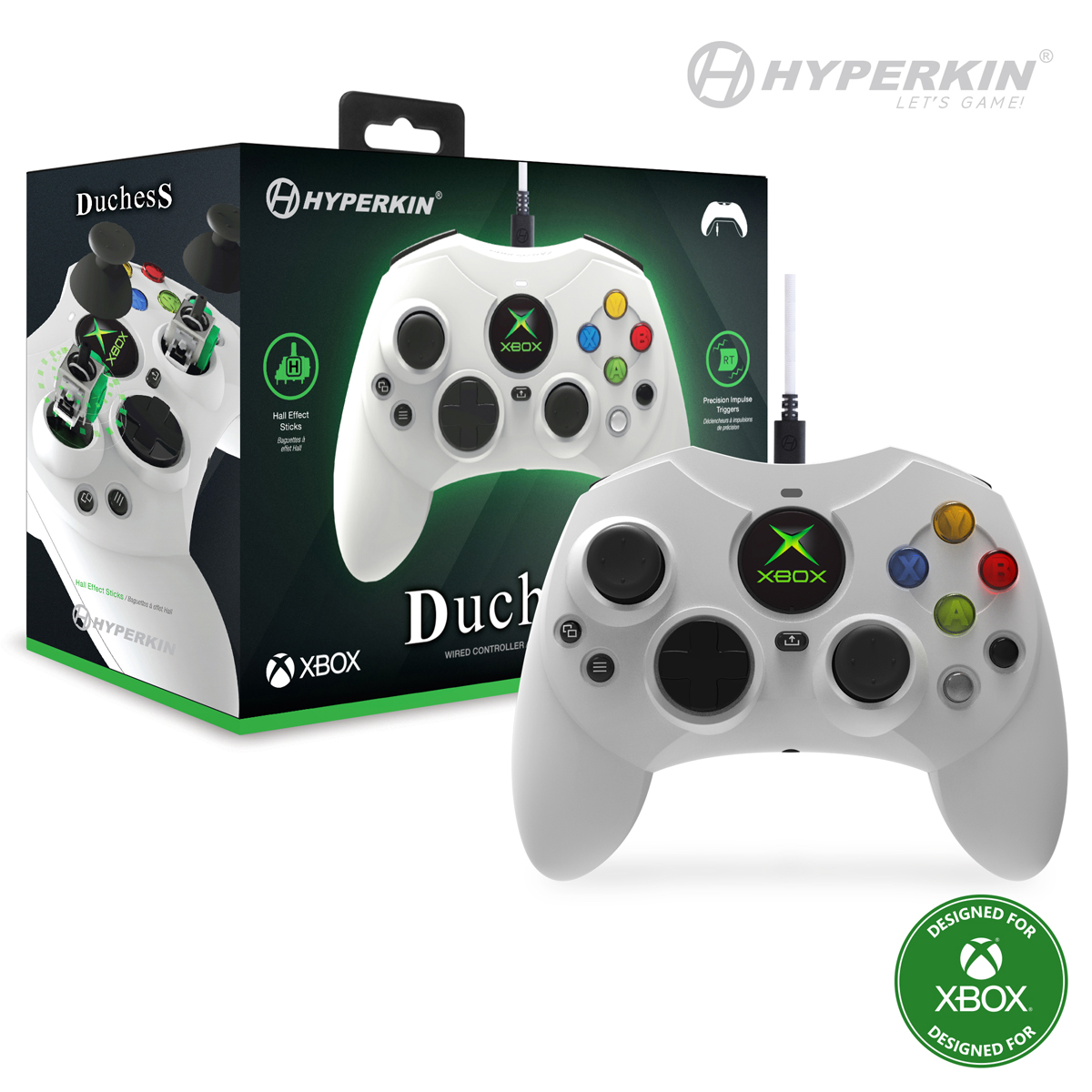 Weißer Hyperkin Duchess S kabelgebundener Controller für Xbox. Controller im Karton mit einem zusätzlichen Controller rechts. Grünes Xbox-Logo.