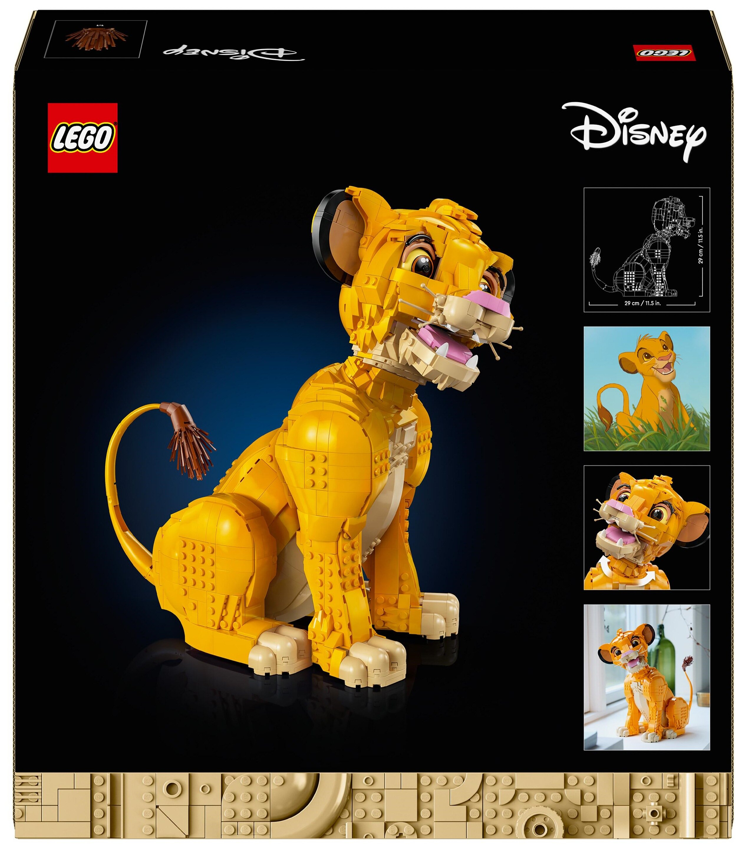 Pudełko przedstawia model LEGO Simba. Lew jest żółty i pomarańczowy, z czarnym tłem i logo LEGO i Disney.