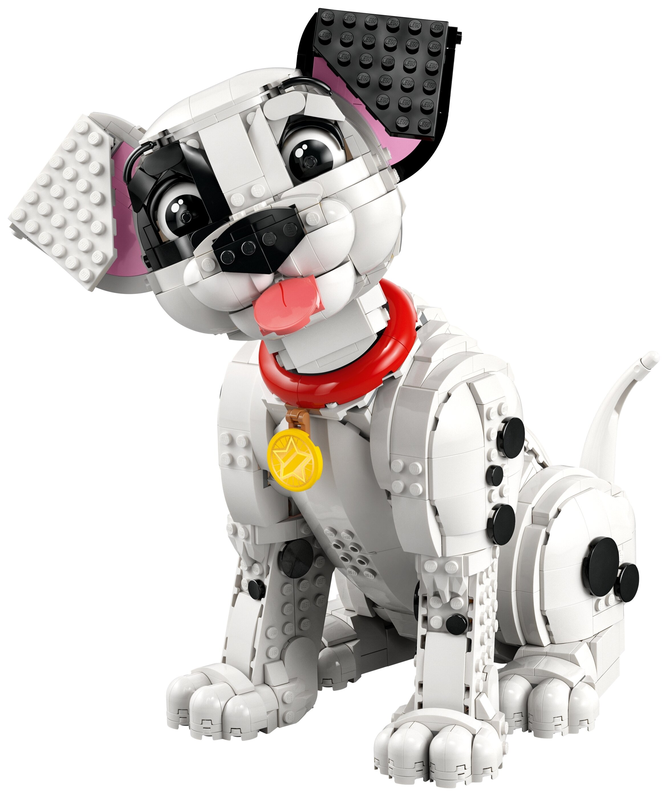 Szczeniak dalmatyńczyka Lego jest biały z czarnymi plamami. Ma czerwoną obrożę i złotą zawieszkę, a jego język jest na wierzchu.