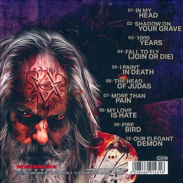 Albumcover: Ein bärtiger Mann mit Pentagramm auf der Stirn. Dunkle Rottöne, Blut und Songtitel sind sichtbar.