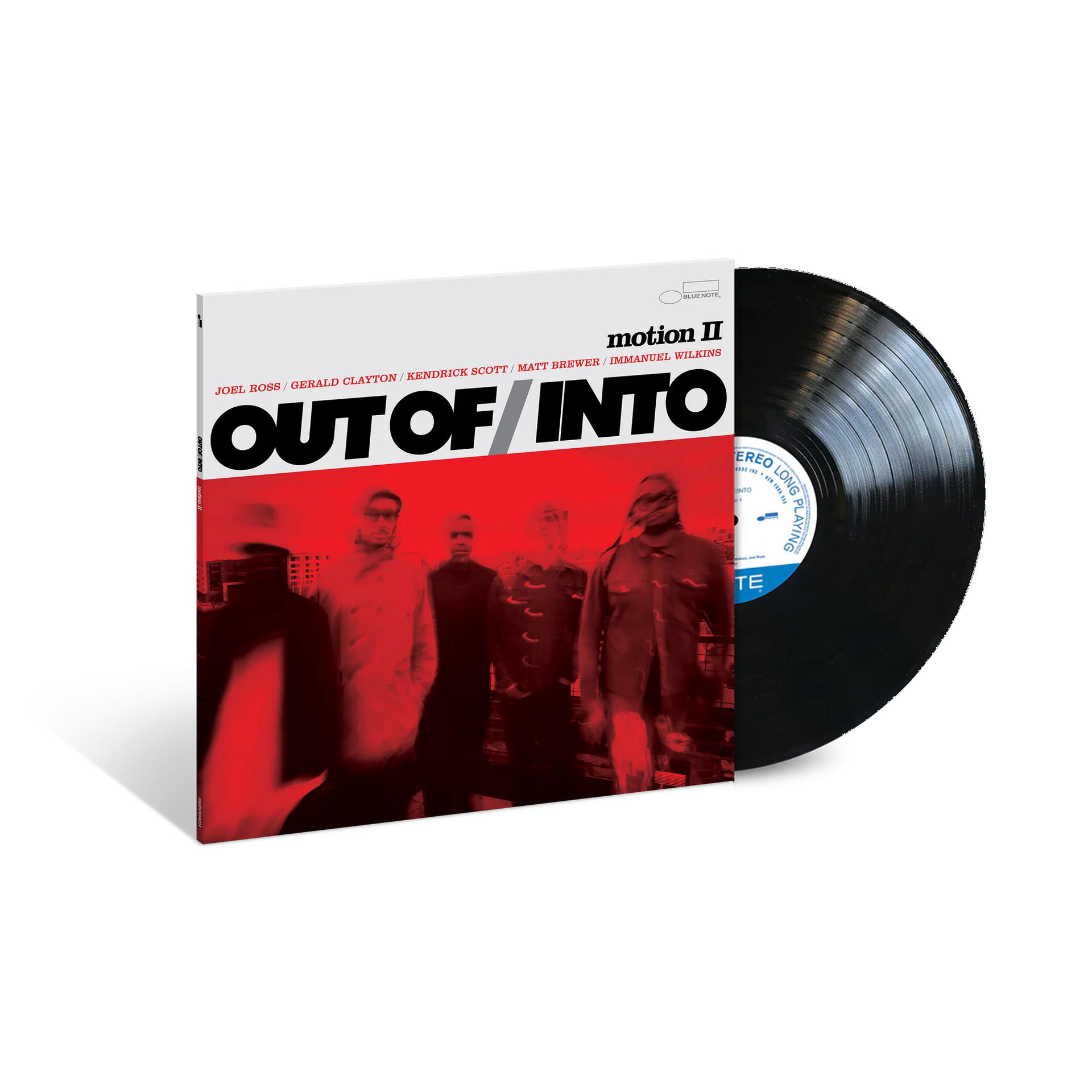 Albumcover 'Out of Into' mit Bandmitgliedern. Auf der rechten Seite eine schwarze Schallplatte. Rote und weiße Farben.