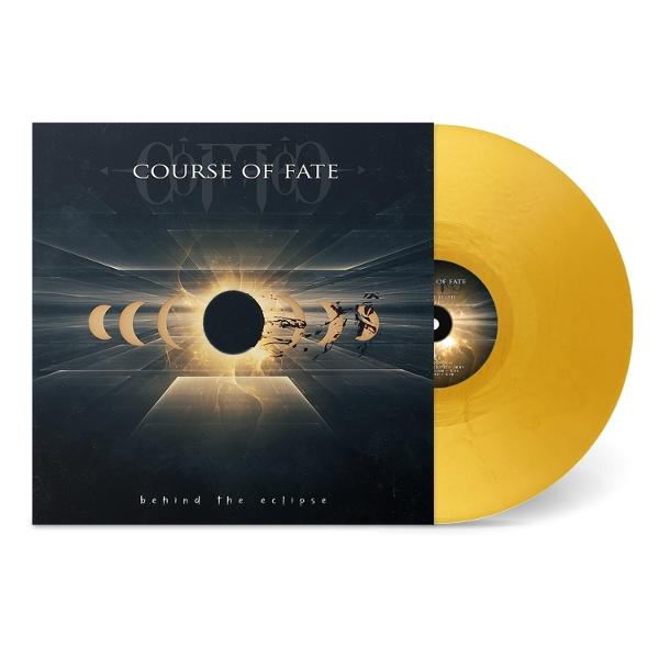 Albumcover: Course of Fate, Behind the Eclipse. Mit goldener Schallplatte. Kunstwerk mit Sonnenfinsternis-Design.
