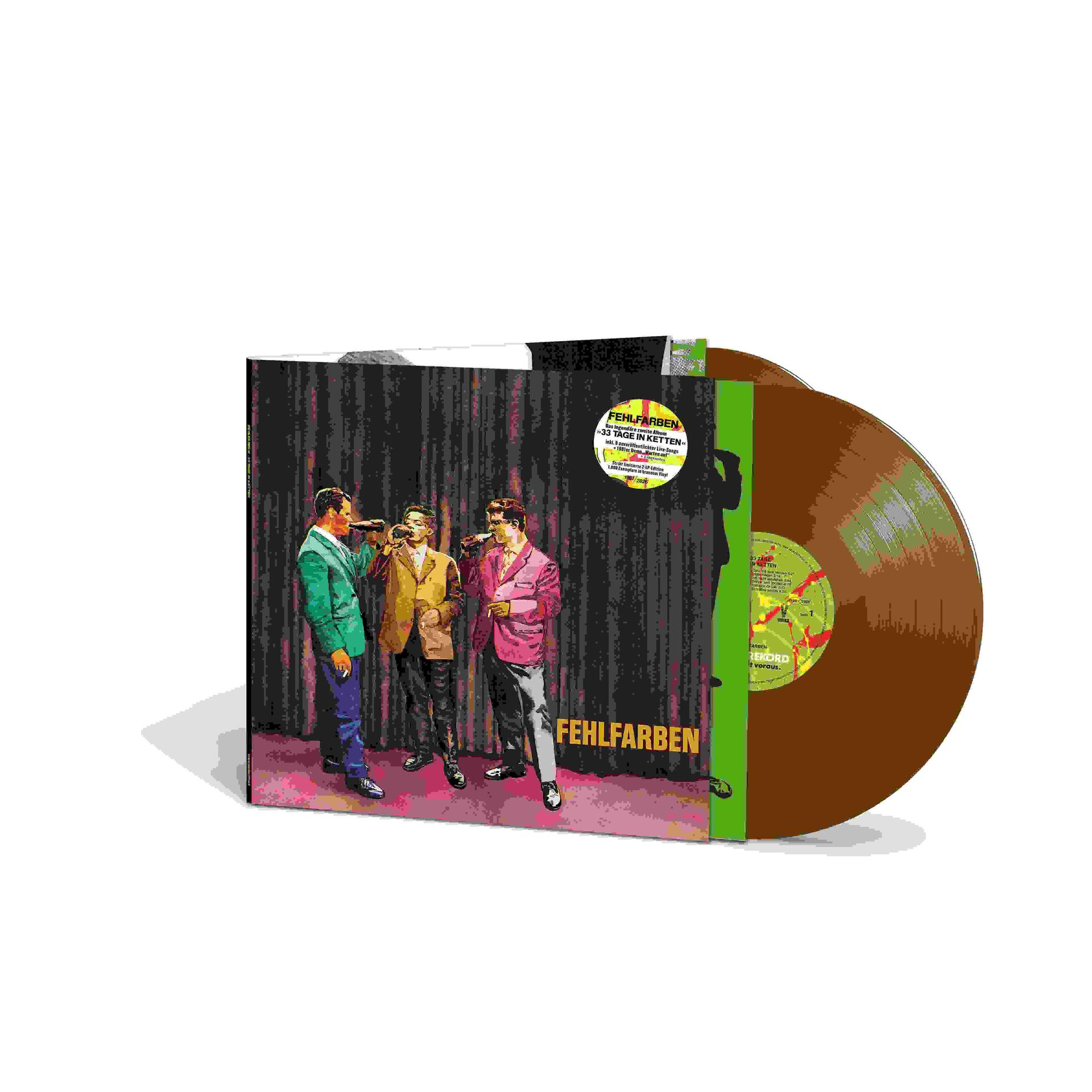 Albumcover: Drei Männer mit Mikrofonen, Albumtitel '33 Tage in Ketten', braune Vinylplatte.