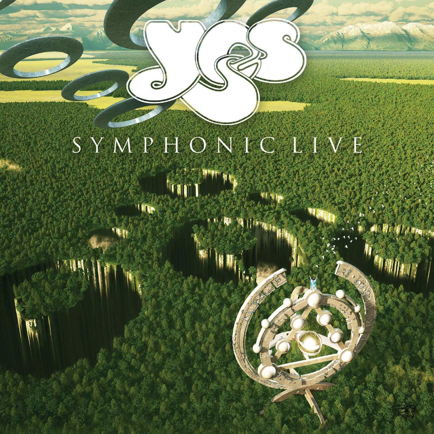 Albumcover. Yes-Logo, schwebende Ringe, Wälder und eine futuristische Struktur. Der Text 'Symphonic Live' ist vorhanden.