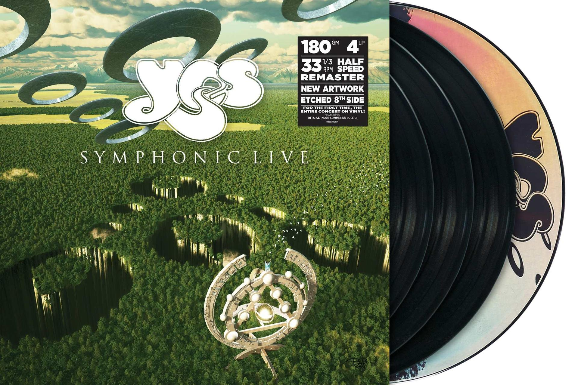Albumcover. Yes Symphonic Live. Waldszene mit schwebenden Ringen und Schallplatten.