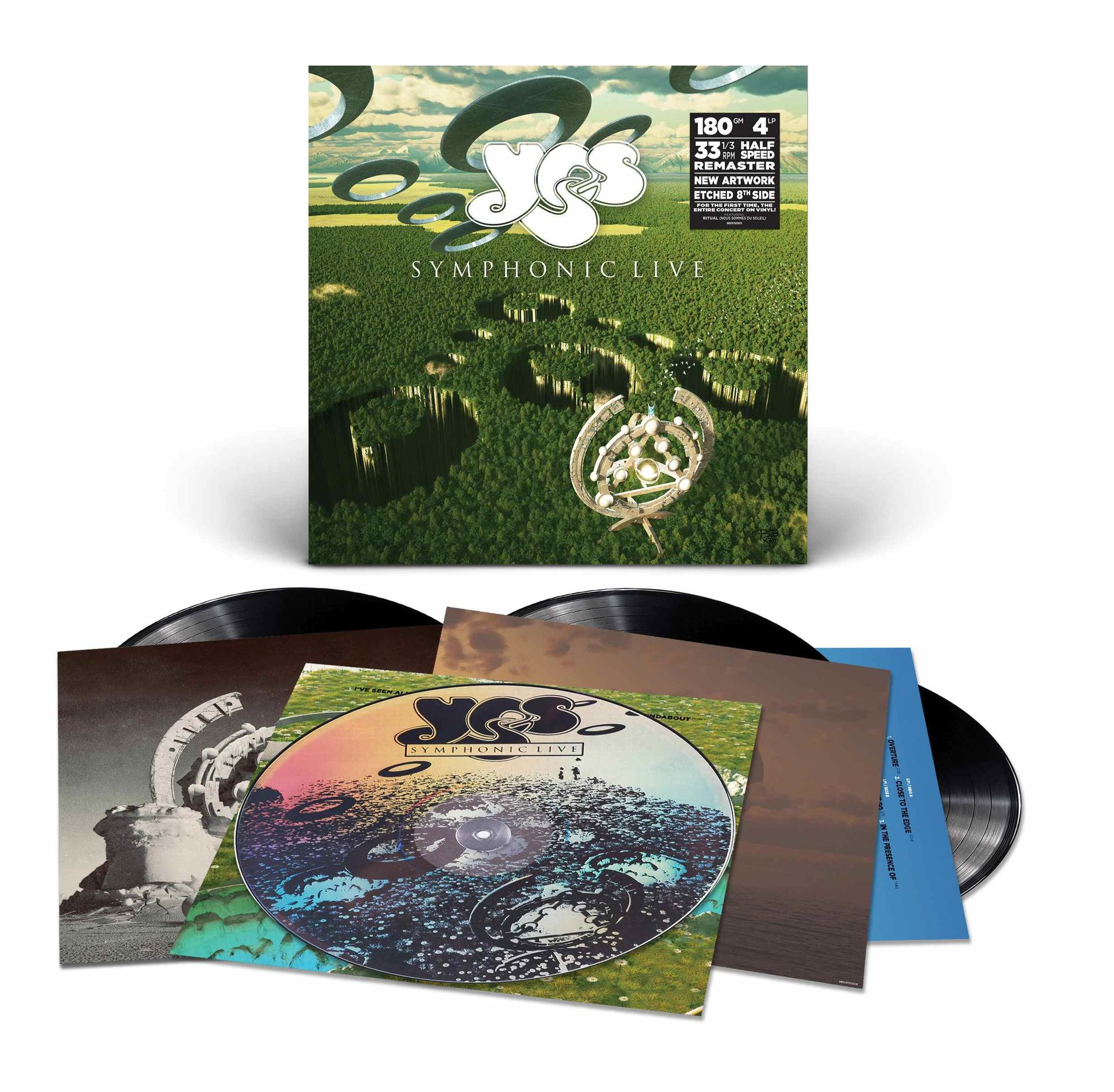 Albumcover für "Yes: Symphonic Live". Zeigt Album, Vinyls und CD. Mit einer surrealen Landschaft mit schwebenden Ringen und Bäumen.