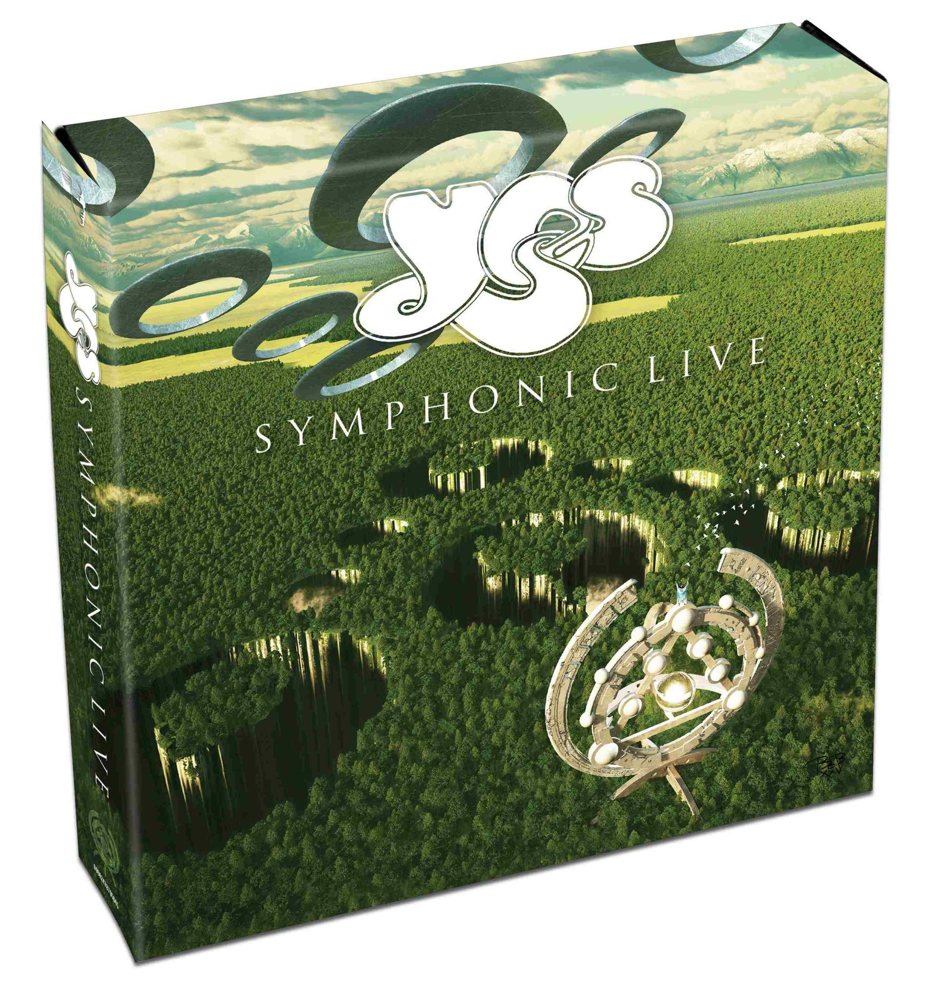 Albumcover: Yes Symphonic Live. Schwebende Ringe über einem Wald mit tiefen Einschnitten. Weißes Yes-Logo. Beige- und Grüntöne.
