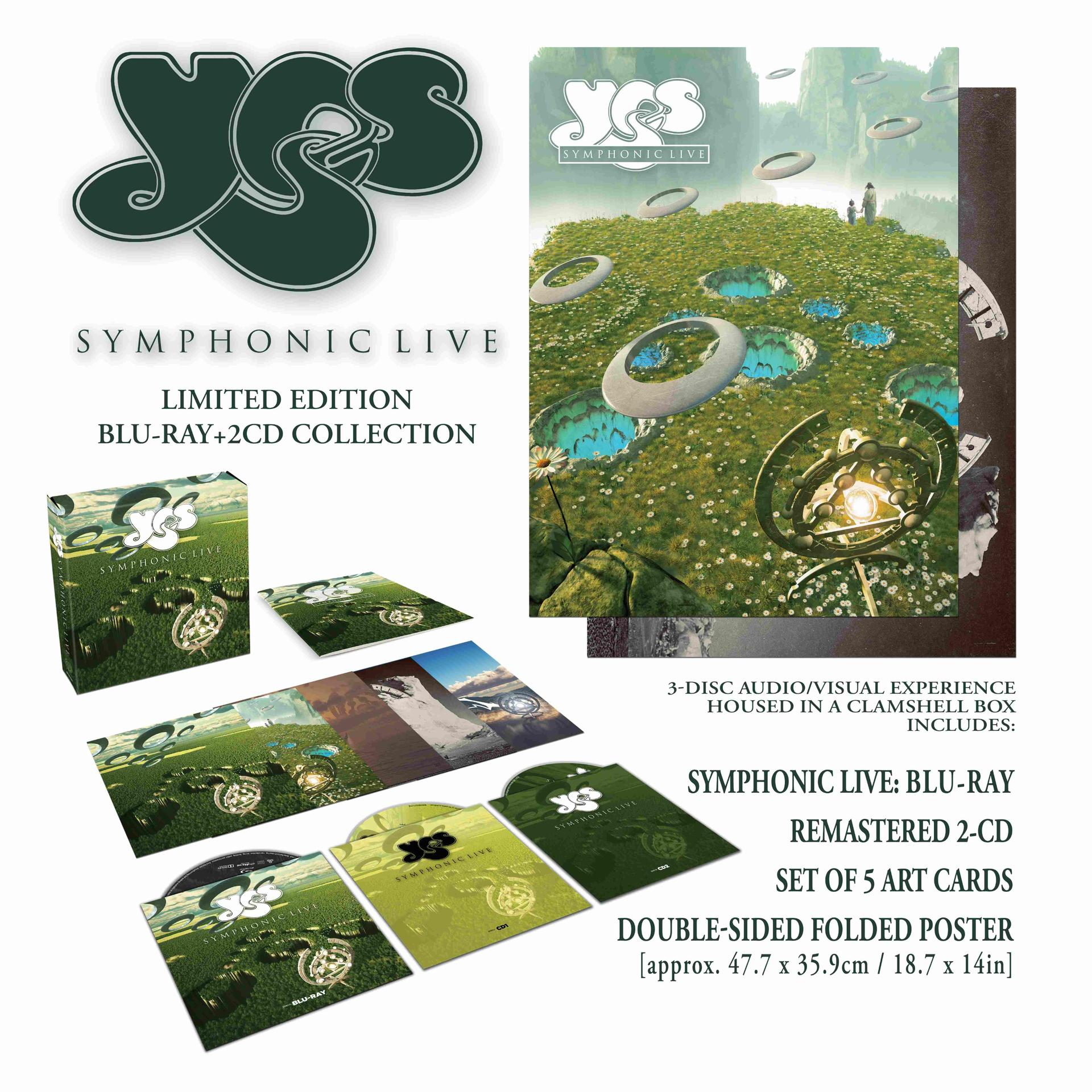 Albumcover: Yes Symphonic Live. Blu-ray, CDs, Kunstkarten und Poster. Grünes Logo und surreale Landschaft mit schwebenden Ringen.
