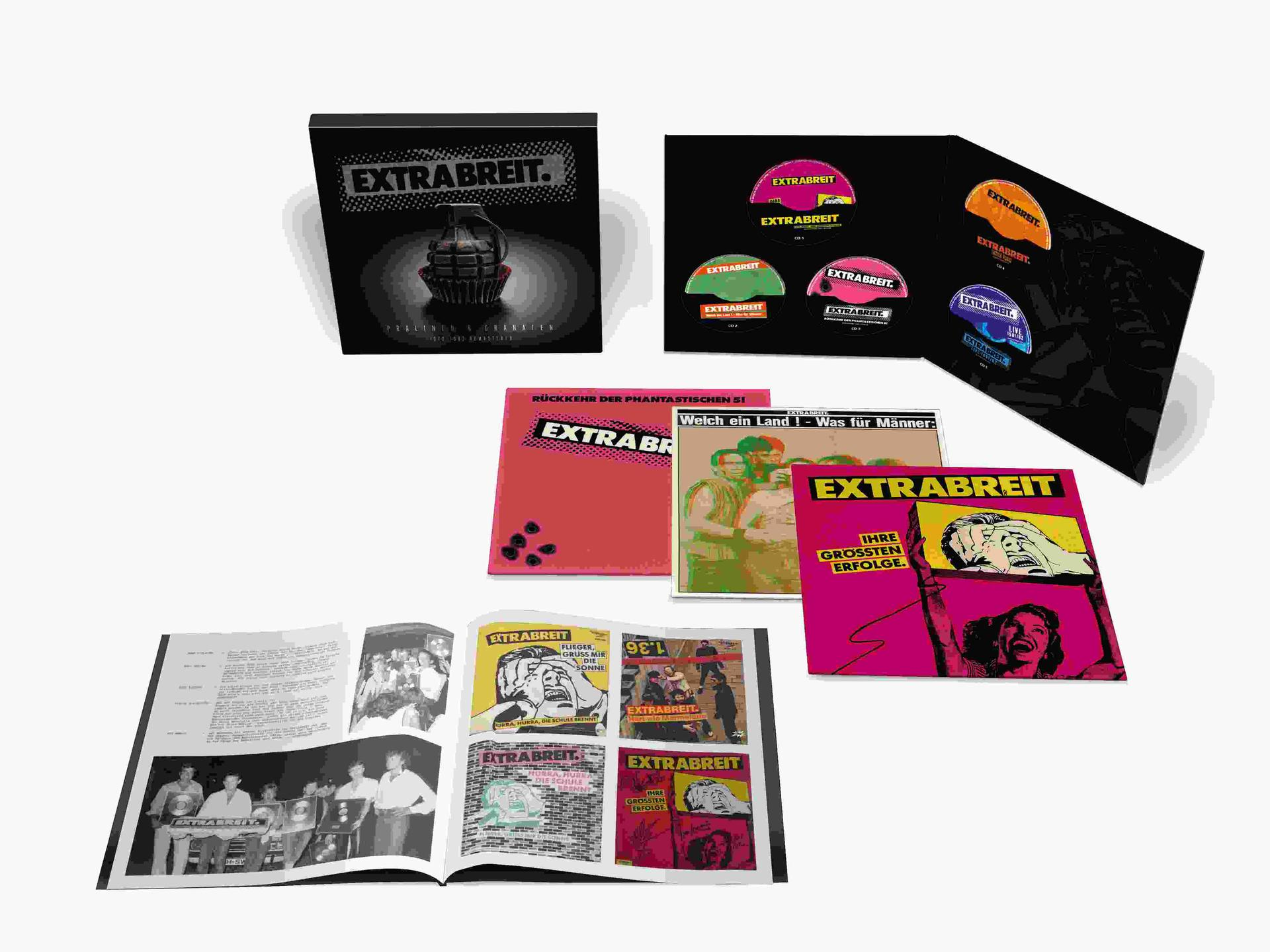 Albumcover mit 'EXTRA BREIT' und einer Granate, CD-Cover und ein offenes Buch mit verschiedenen Bildern, alles in leuchtenden Farben.
