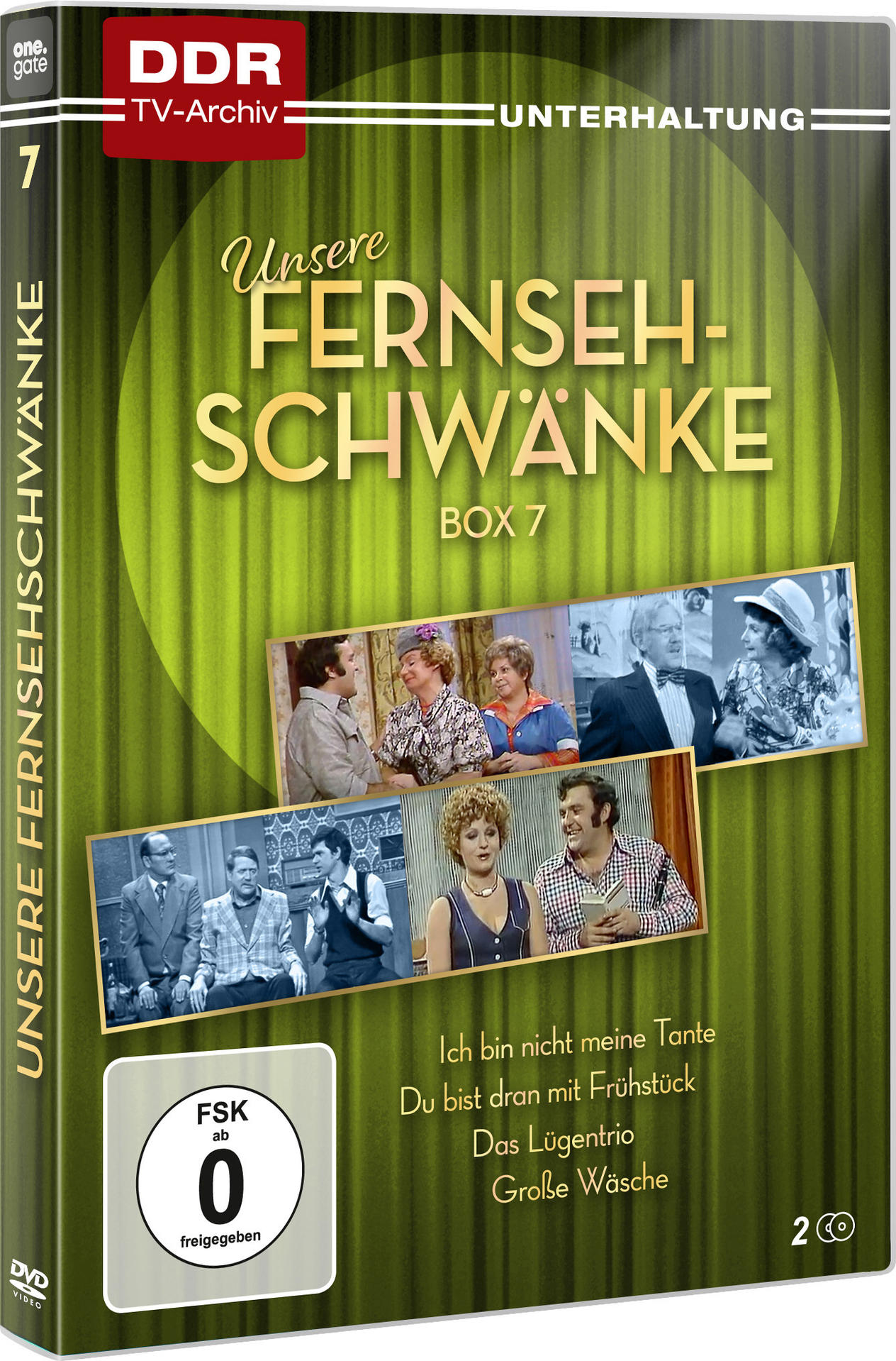 DVD-Box mit dem Titel Unsere Fernsehschwänke, mit Bildern von Schauspielern und dem DDR TV-Archiv Logo.