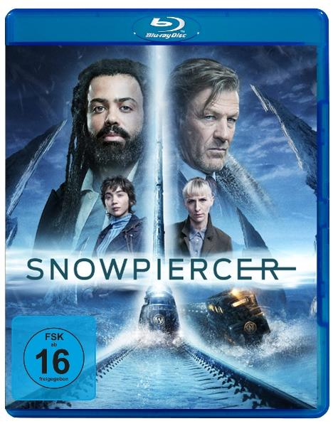 Blu-ray-Cover mit vier Gesichtern, einem Zug und dem Titel 'Snowpiercer'. Das Cover hat einen blauen Rand und eine FSK-16-Einstufung.