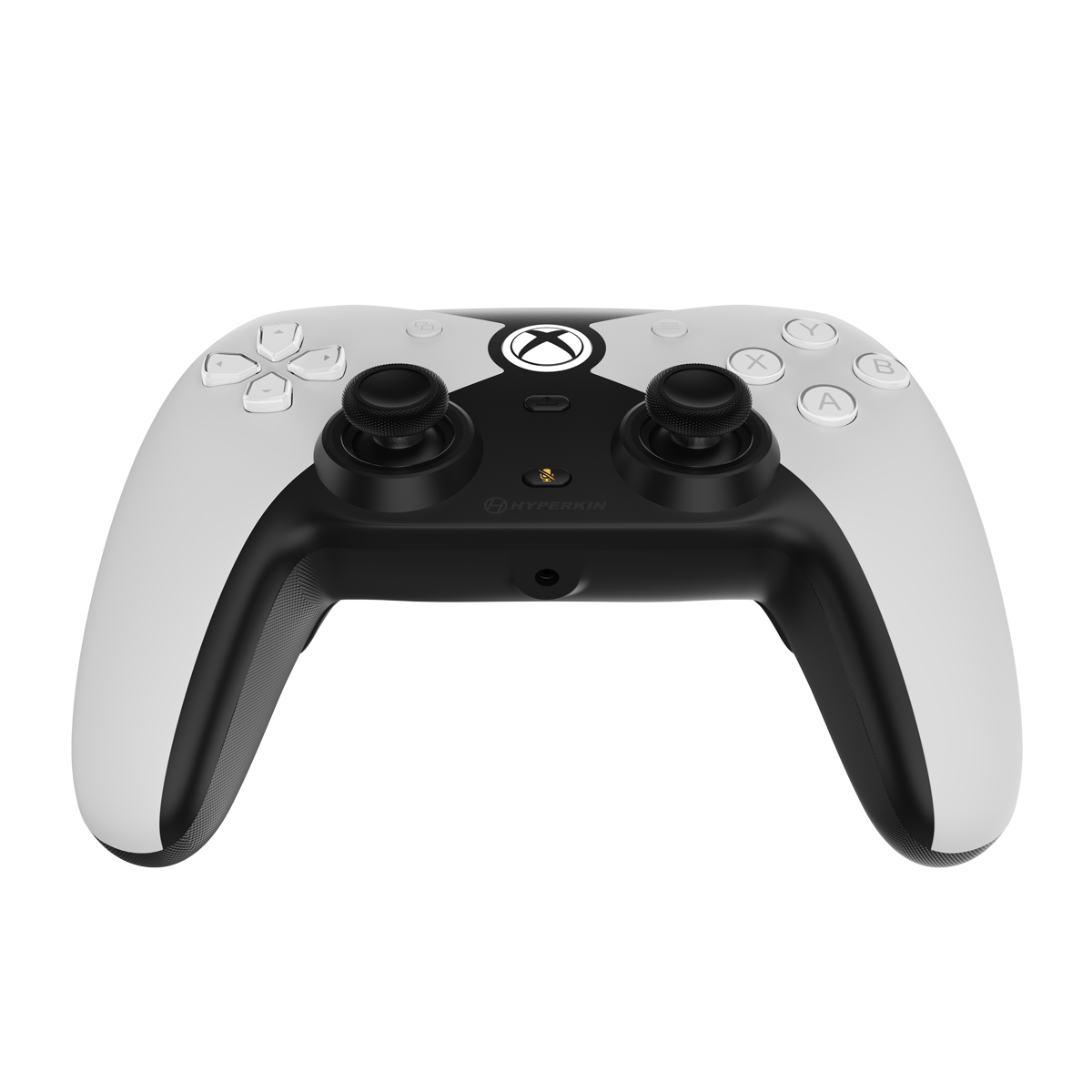 Ein weiß-schwarzer Xbox-Controller. Er hat Tasten, Analogsticks und ein Steuerkreuz. Der Hintergrund ist weiß.