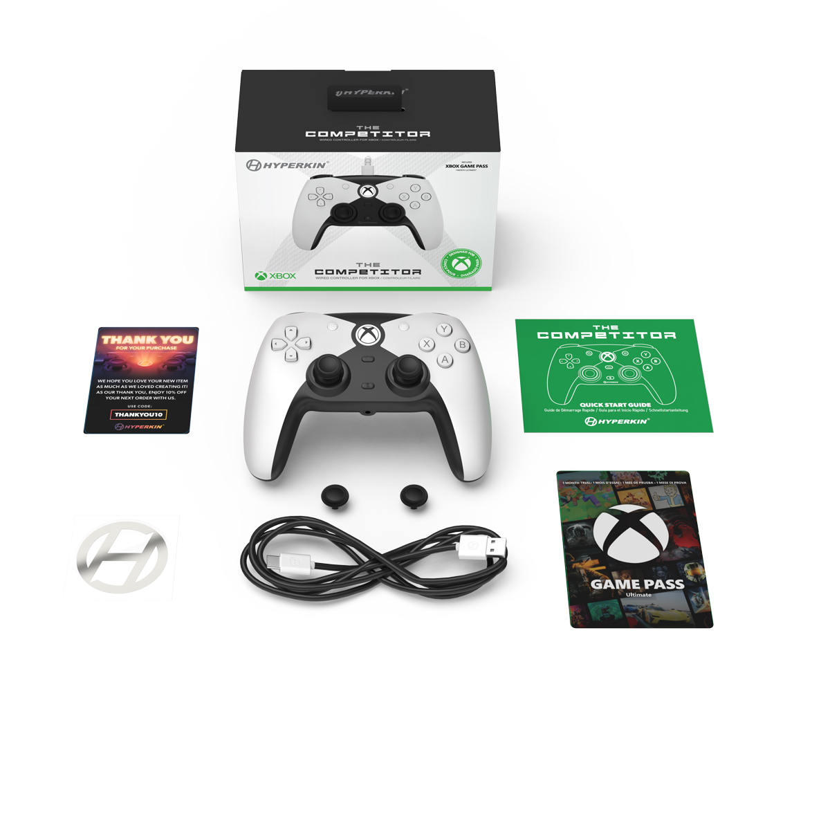 Ein weißer Xbox-Controller und Zubehör. Enthält die Controller-Box, eine Dankeskarte, den Game Pass und eine Kurzanleitung.