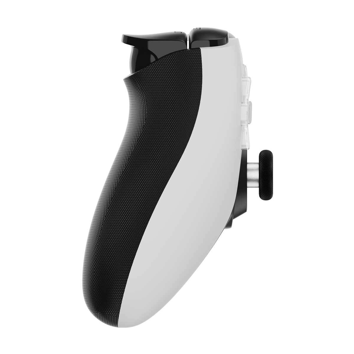Ein weiß-schwarzer Gamecontroller vor weißem Hintergrund. Der Controller hat Knöpfe und einen Daumen-Stick.